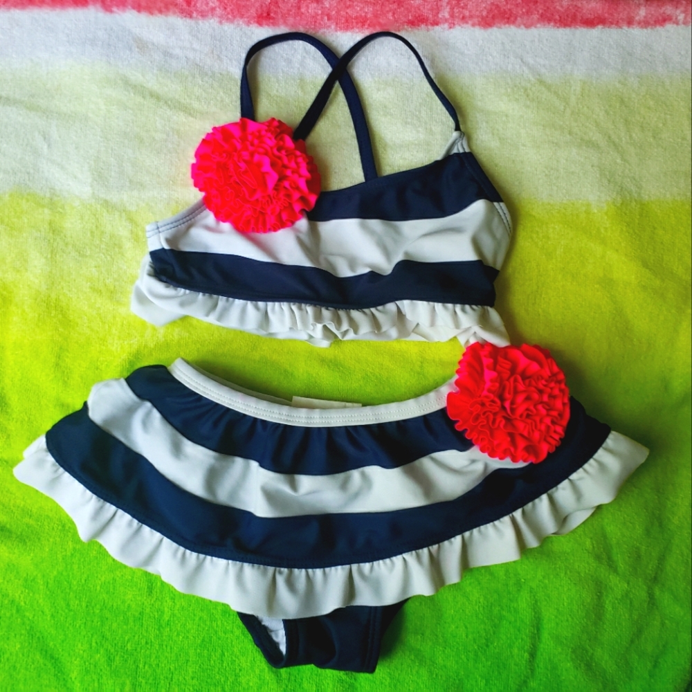 Girls size 4 bikini blue and white with pink flower detail